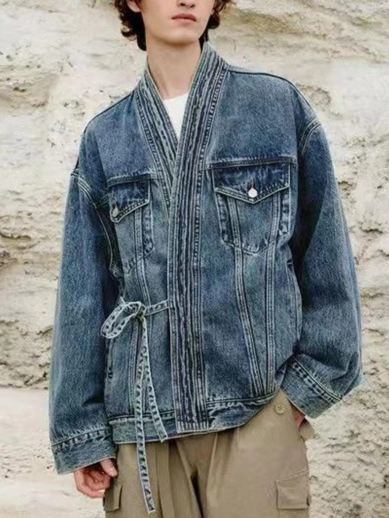 Men's Plus Size Washed Tied Long Sleeve Denim Jacket