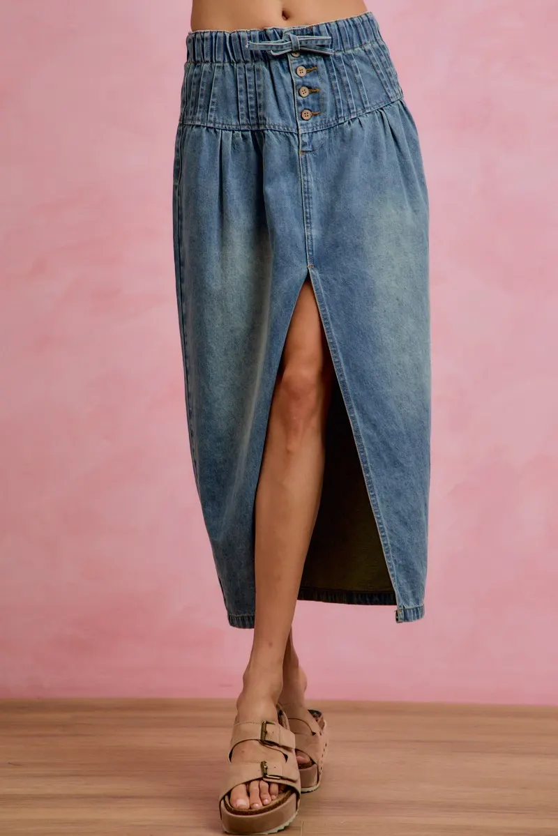 SO ME Pleated Washed Denim Skirt With Front Slit