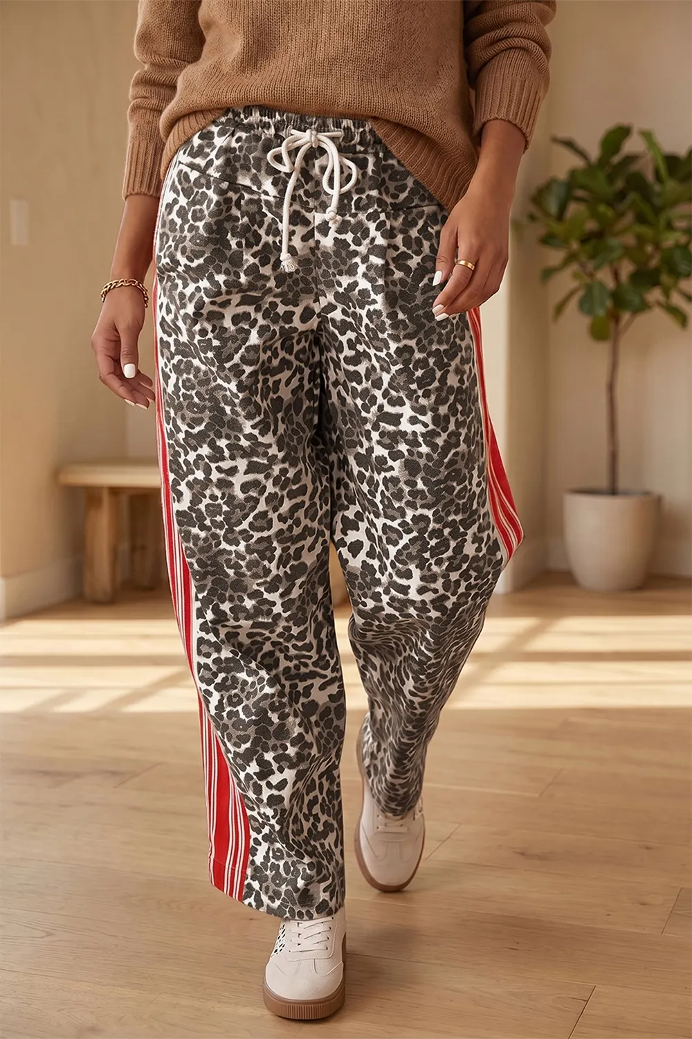 Leopard Patchwork Elastic Waist Jeans