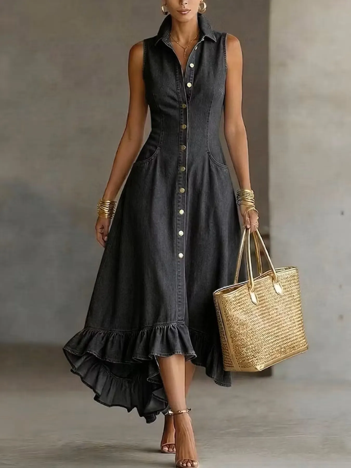 Full Size Sleeveless Ruffled Hem Denim Dress Plus Size