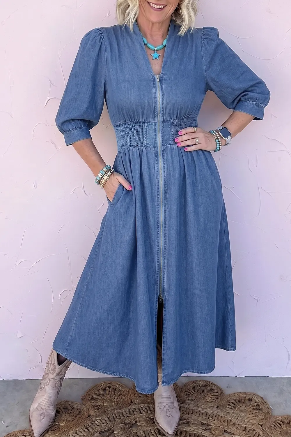 V Neck Shirred Waist Metal Zipper Denim Midi Dress