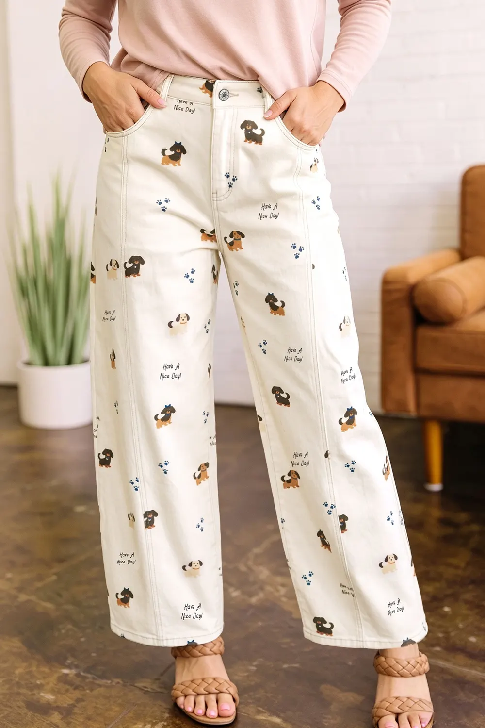 Abstract Dog Print Wide Leg Jeans