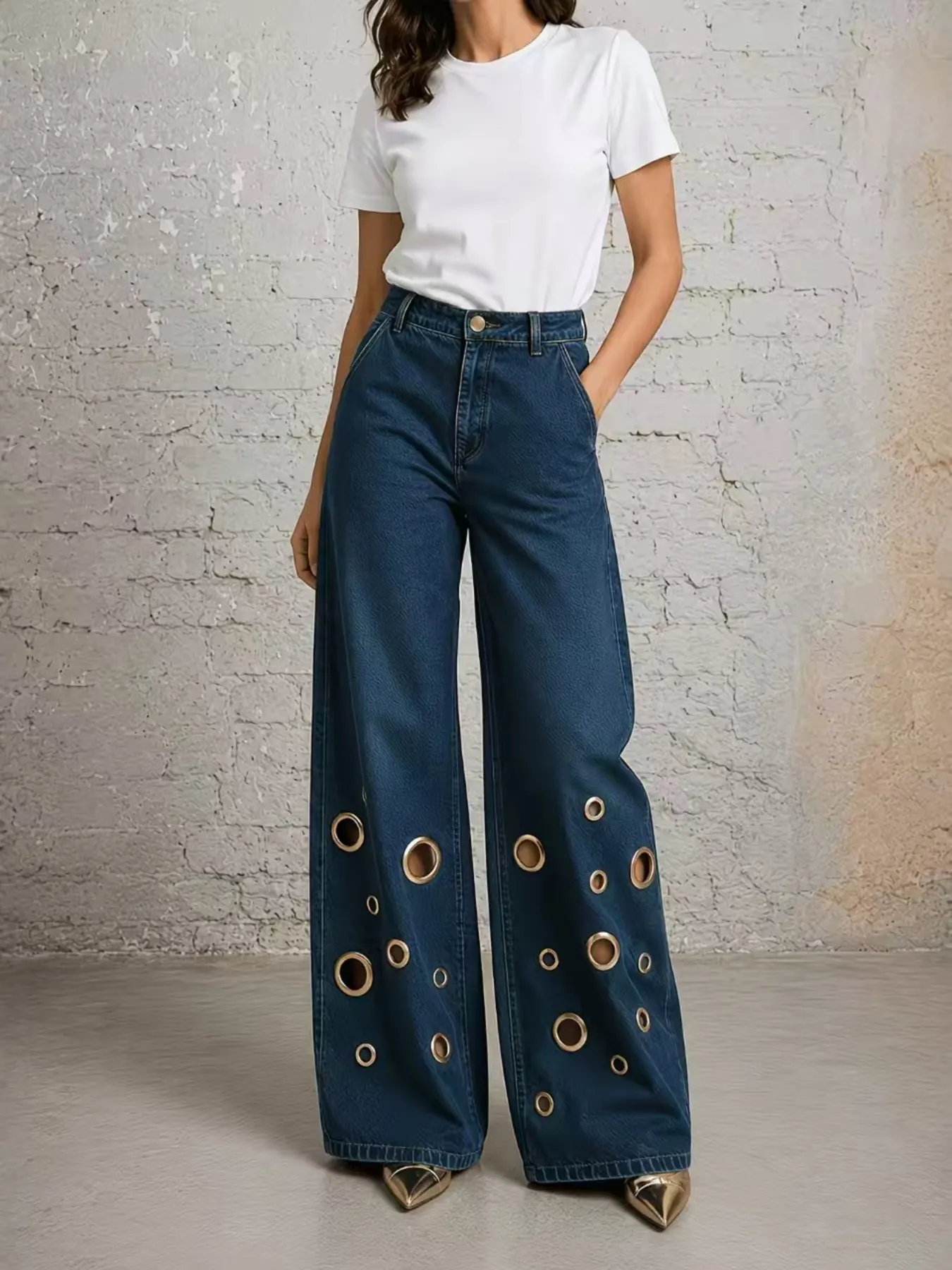 Wide Leg Jeans with Eyelet Details